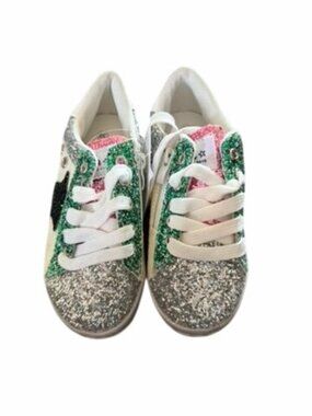 Lola & The Boys Star Silver Glitter Sneakers Size EU 30 With Green & Pink Accent